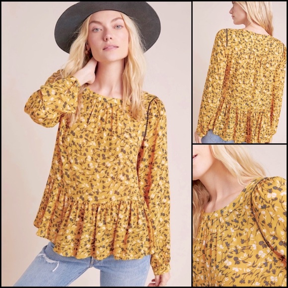 Anthropologie Tops - Anthro Maeve Mustard Floral Swing Peplum Blouse Top